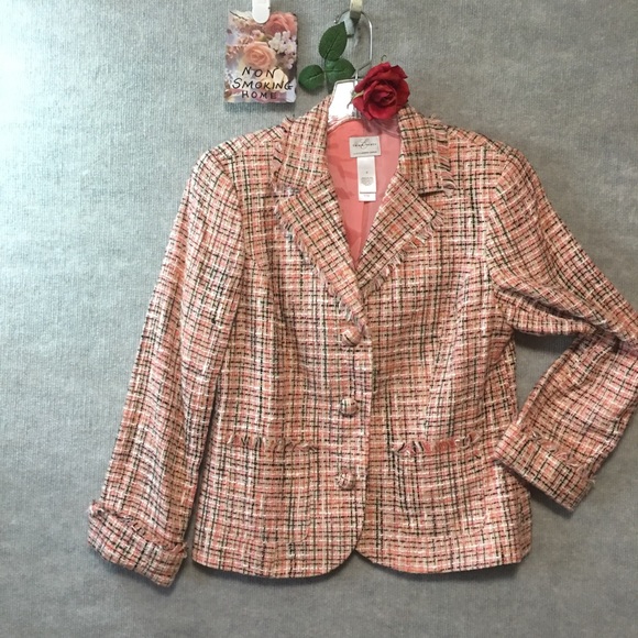 EMMA JAMES FRINGED TWEED CORAL PEACH CAREER JACKET BOHO CLUELESS PREPPY LIKE NEW - Picture 3 of 9